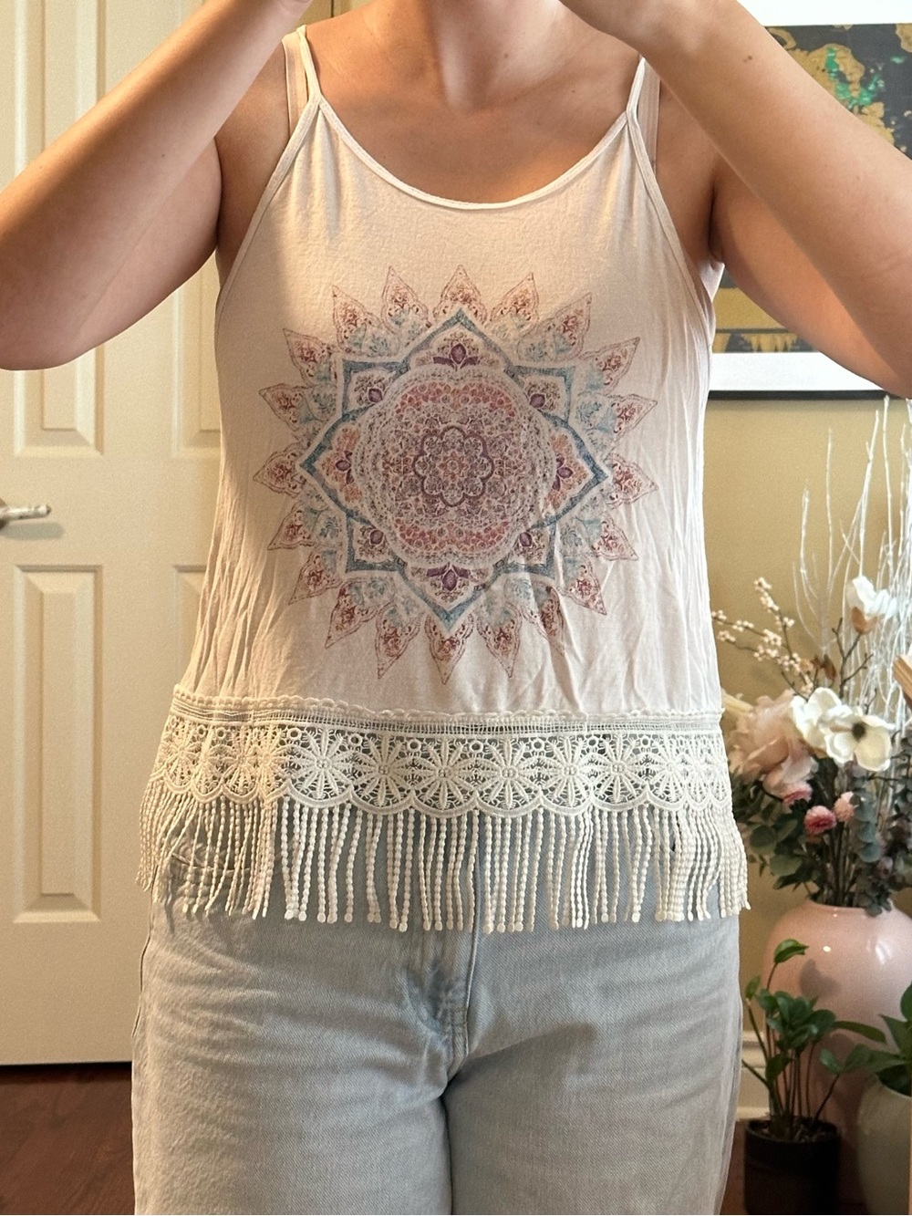 Boho Cream Fringe Tank Top with Mandala Print